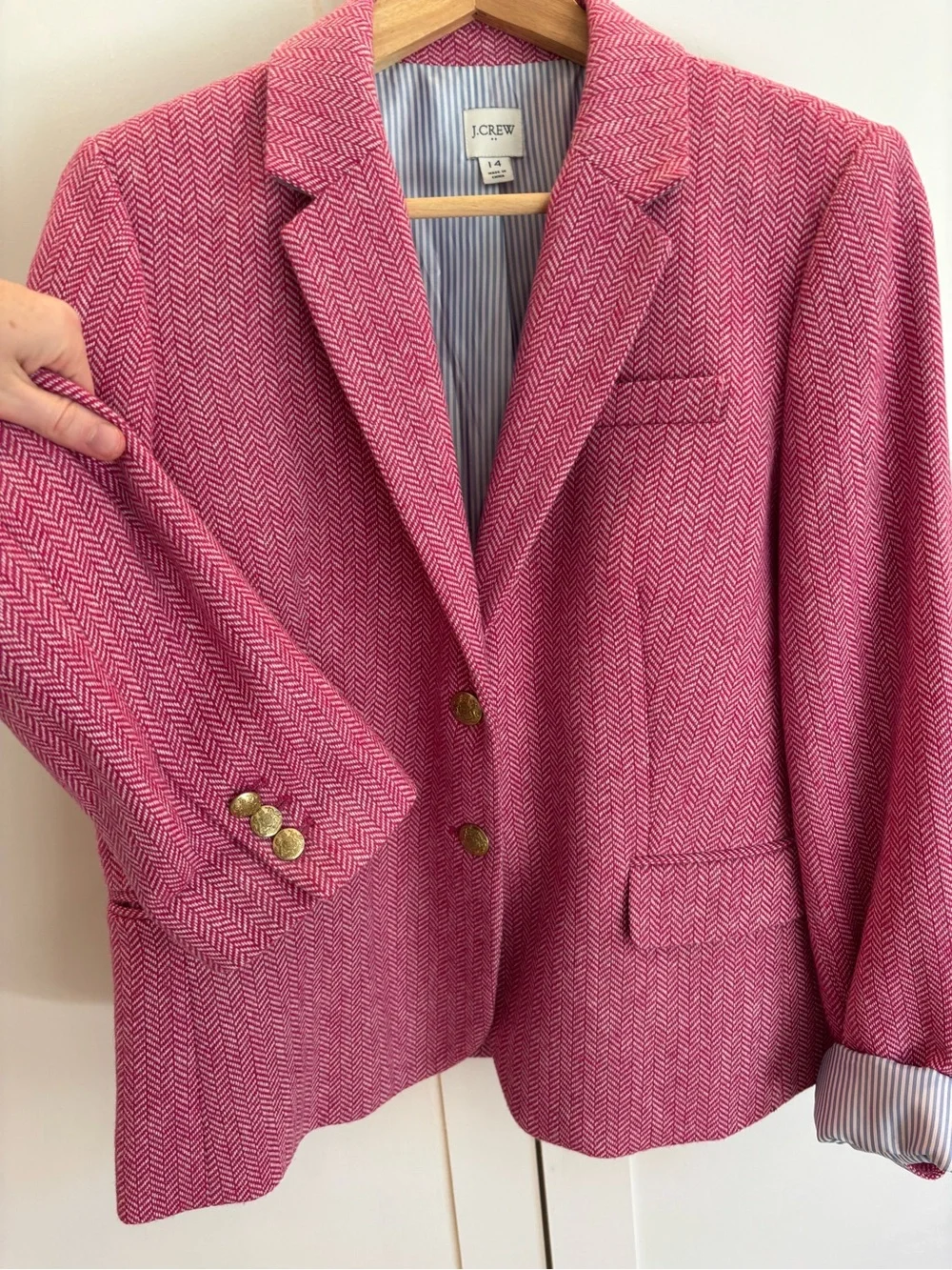 J. Crew Pink Herringbone Blazer with Gold Buttons